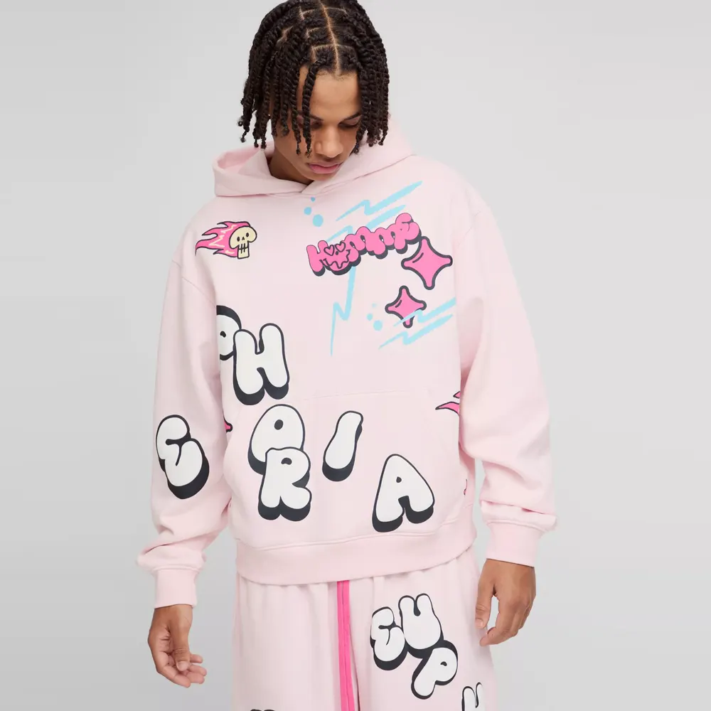 Oversized Boxy Doodle Graphic Puff Print Hoodie